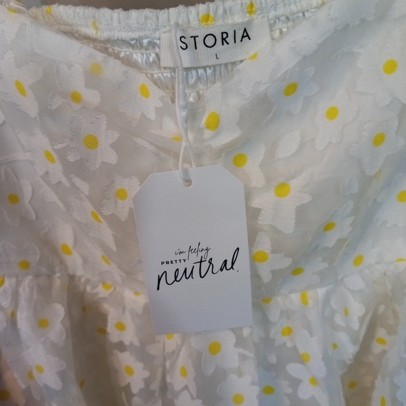 Storia Daisy Tiered Babydoll Dress Puff Sleeves White & Yellow NWT Size Large - Picture 12 of 14